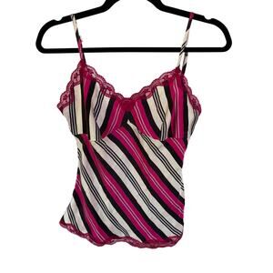 Y2K Hot Pink Silk Striped Lace Tank Top Cami 2000s Babydoll Indie Sleeze Medium